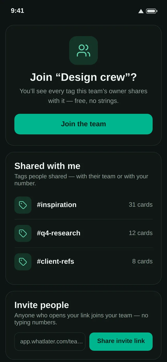 The Teams screen: joining a team, the tags shared with it, and the invite link